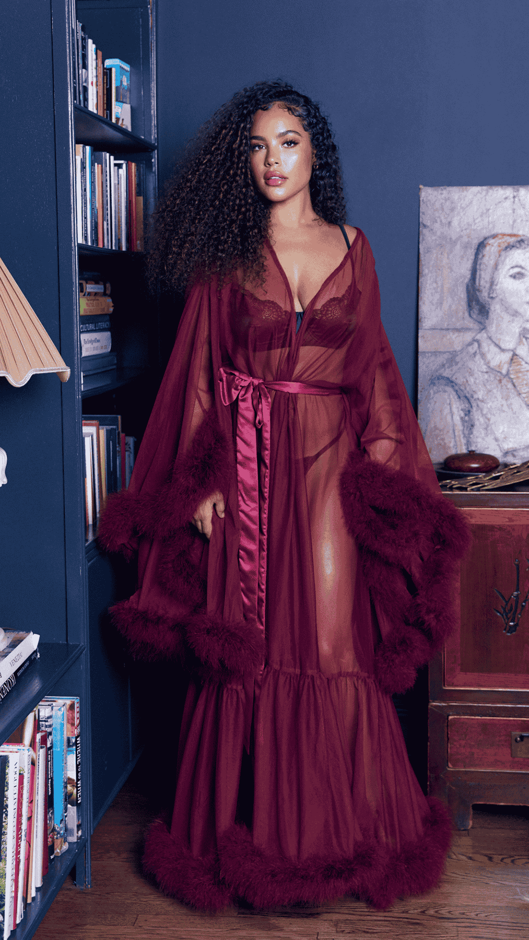 Naughty Kitten Hollywood Glam Luxury Robe Burgundy Front View Lingerie