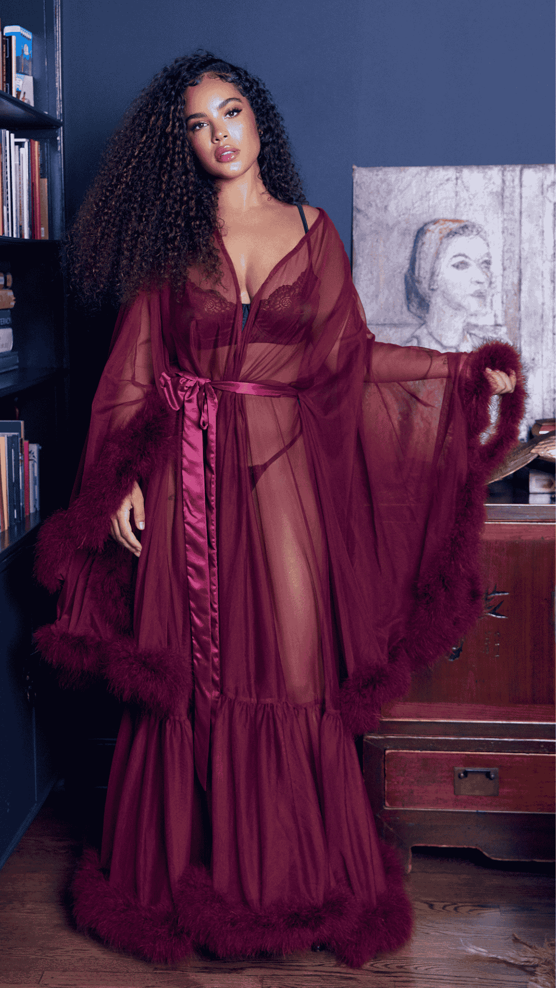 Naughty Kitten Hollywood Glam Luxury Robe Burgundy Front View Lingerie