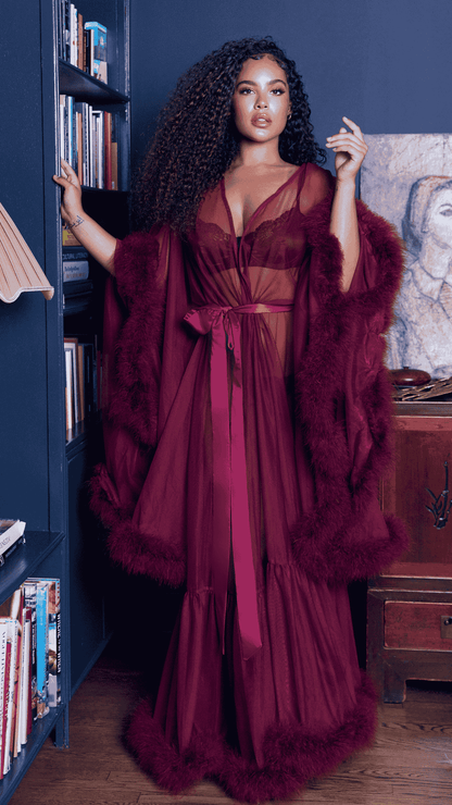 Naughty Kitten Hollywood Glam Luxury Robe Burgundy Front View Lingerie