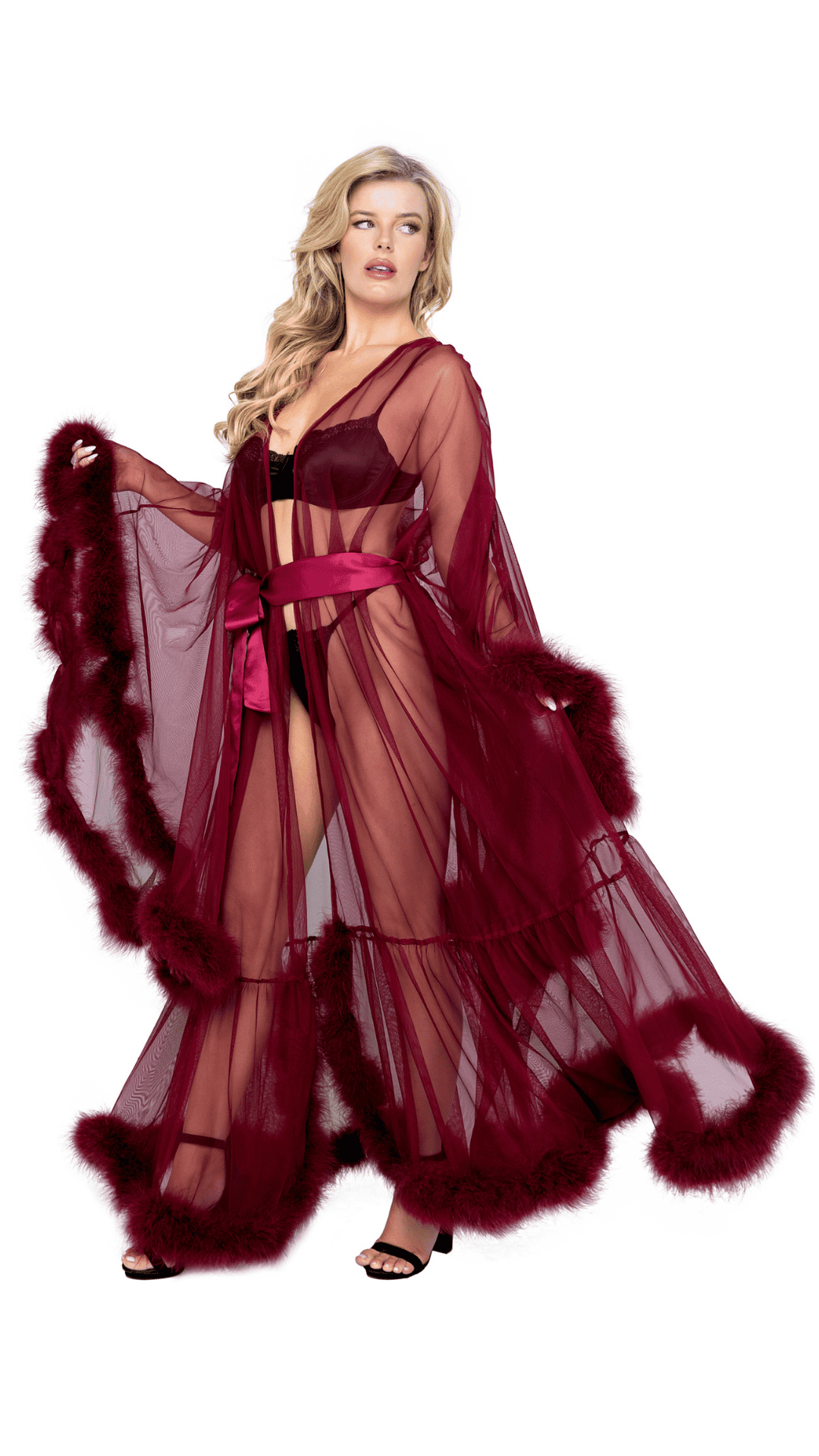 Naughty Kitten Hollywood Glam Luxury Robe Burgundy Front View Lingerie