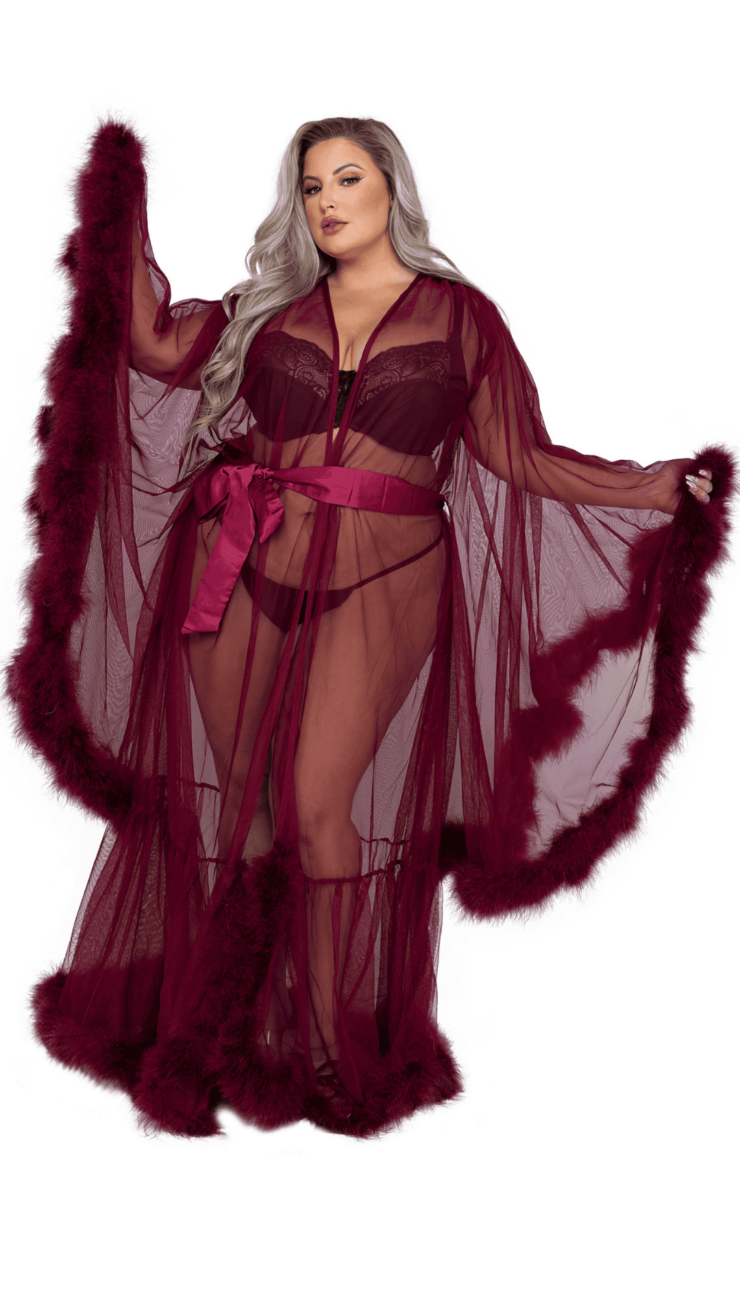 Naughty Kitten Hollywood Glam Luxury Robe Burgundy Front View Queen Size Lingerie