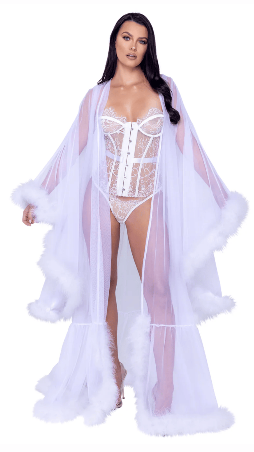 Naughty Kitten Hollywood Glam Luxury Robe - White Front View Lingerie Sleepwear