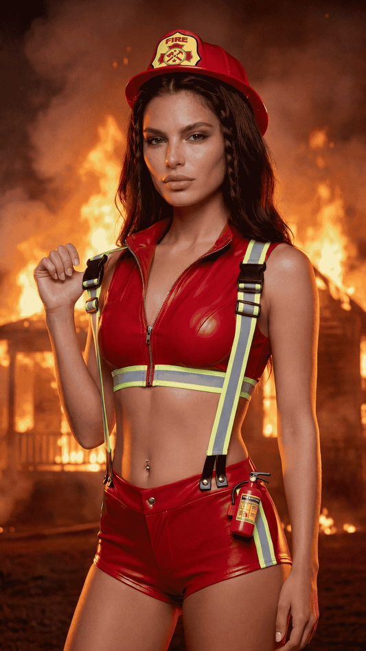 Woman wearing red wet-look firefighter crop top, shorts and helmet