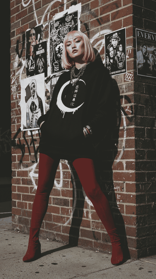 Naughty Kitten Clothing Japanese Printed Casual Hoodie Front Model Street View Gothic Alternative Fashion