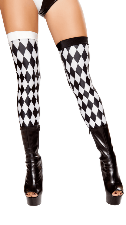 Naughty Kitten Halloween Costume Accessories Jester Leggings Diamond Black and White Front View