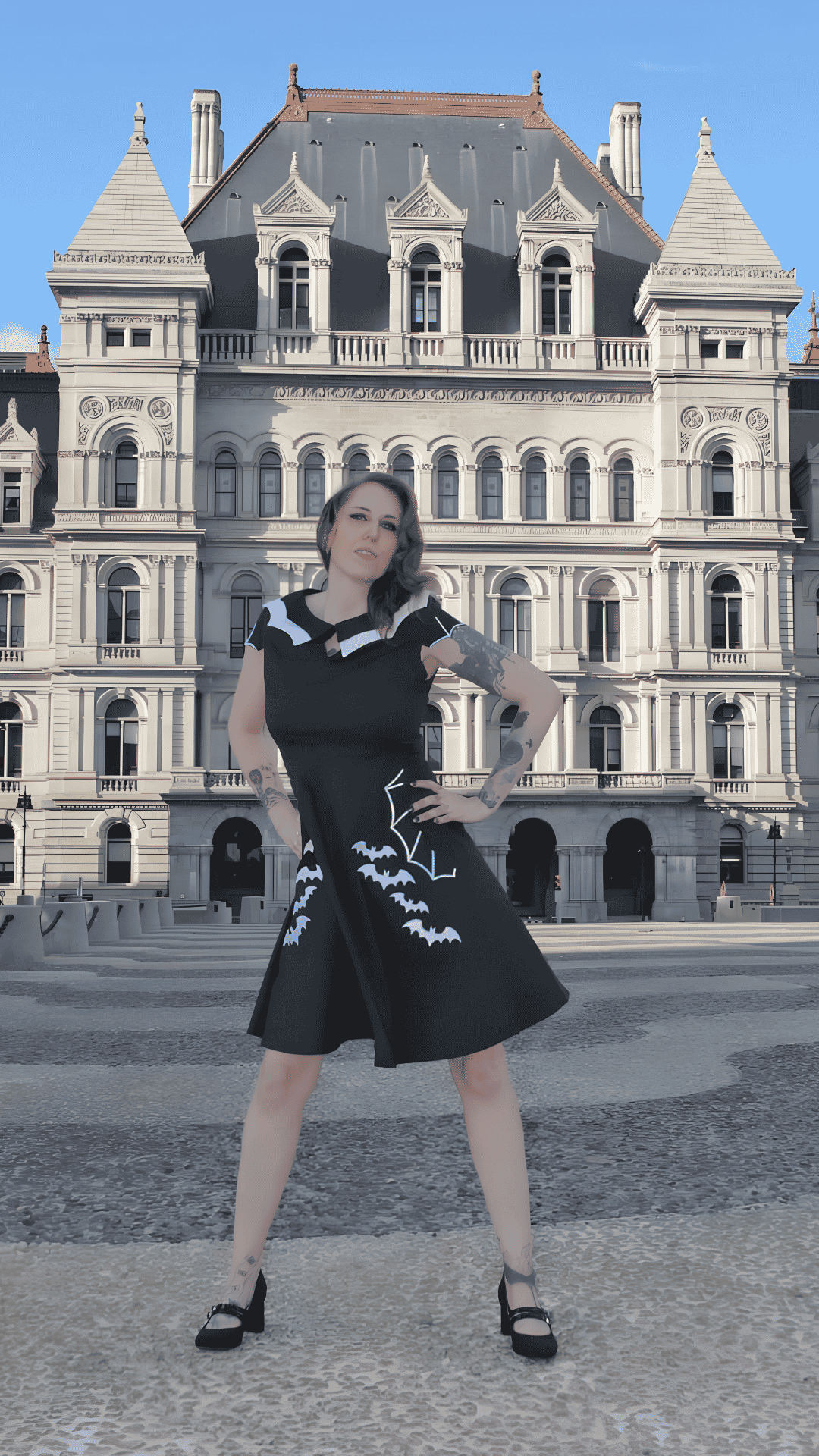 Naughty Kitten clothing Bat Printed Gothic Dress Front View Women's Dress - Kitten Hellena harlow