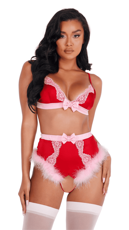 Naughty Kitten Clothing Lace & Satin Marabou Bra Set Front View Lingerie set