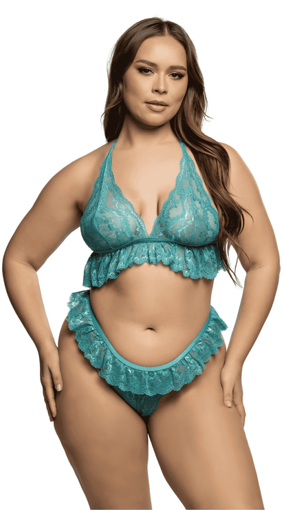 Lacy Sweet Flutter Set – stretch lace lingerie set, teal plus size, front view
