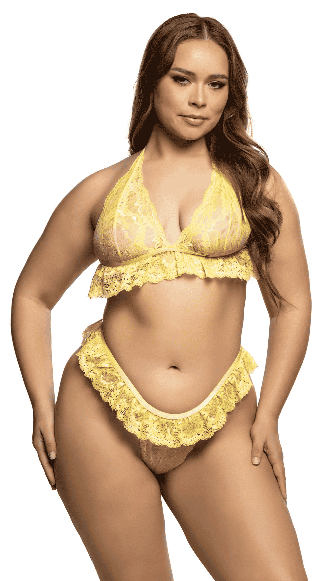 Lacy Sweet Flutter Set – stretch lace peplum bralette, yellow plus size, front view