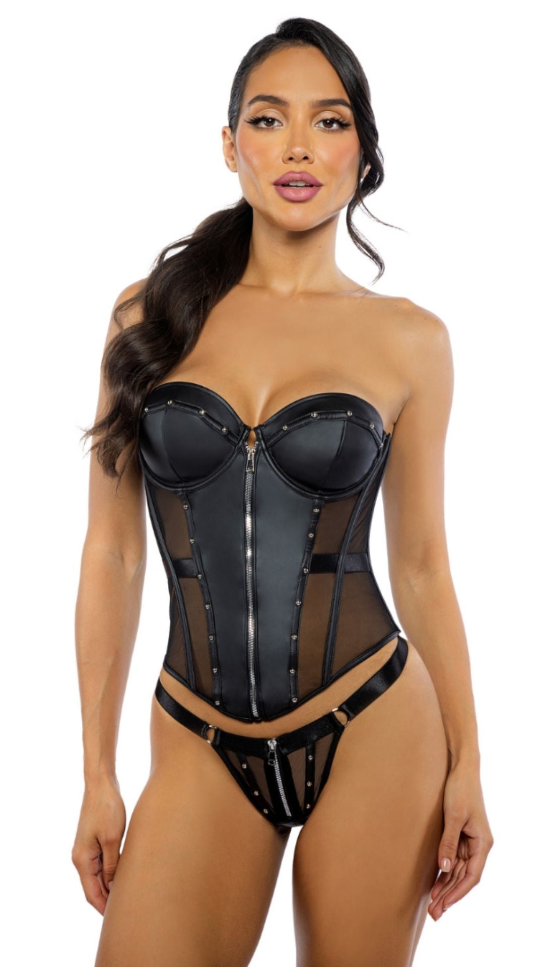 Naughty Kitten Clothing Lingerie Lust & Leather Corset 2-Piece Set Front View  Lingerie