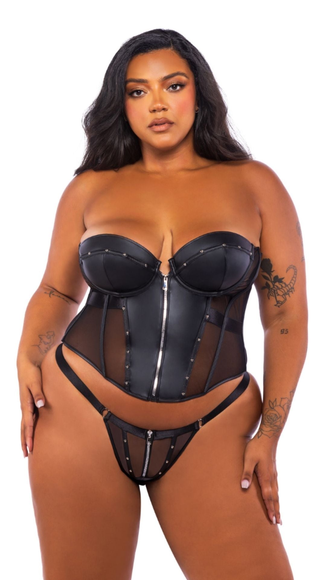 Naughty Kitten Clothing Lingerie Lust & Leather Corset 2-Piece Set Front View  Plus Size Lingerie