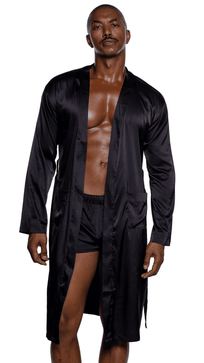 Men's Essentials Robe – black stretch satin men’s robe with matching sash, front view