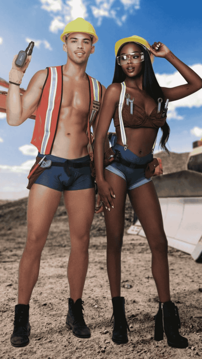 Naughty Kitten Clothing Mens Construction Hard-Worker Costume Front View Halloween Couples Costume