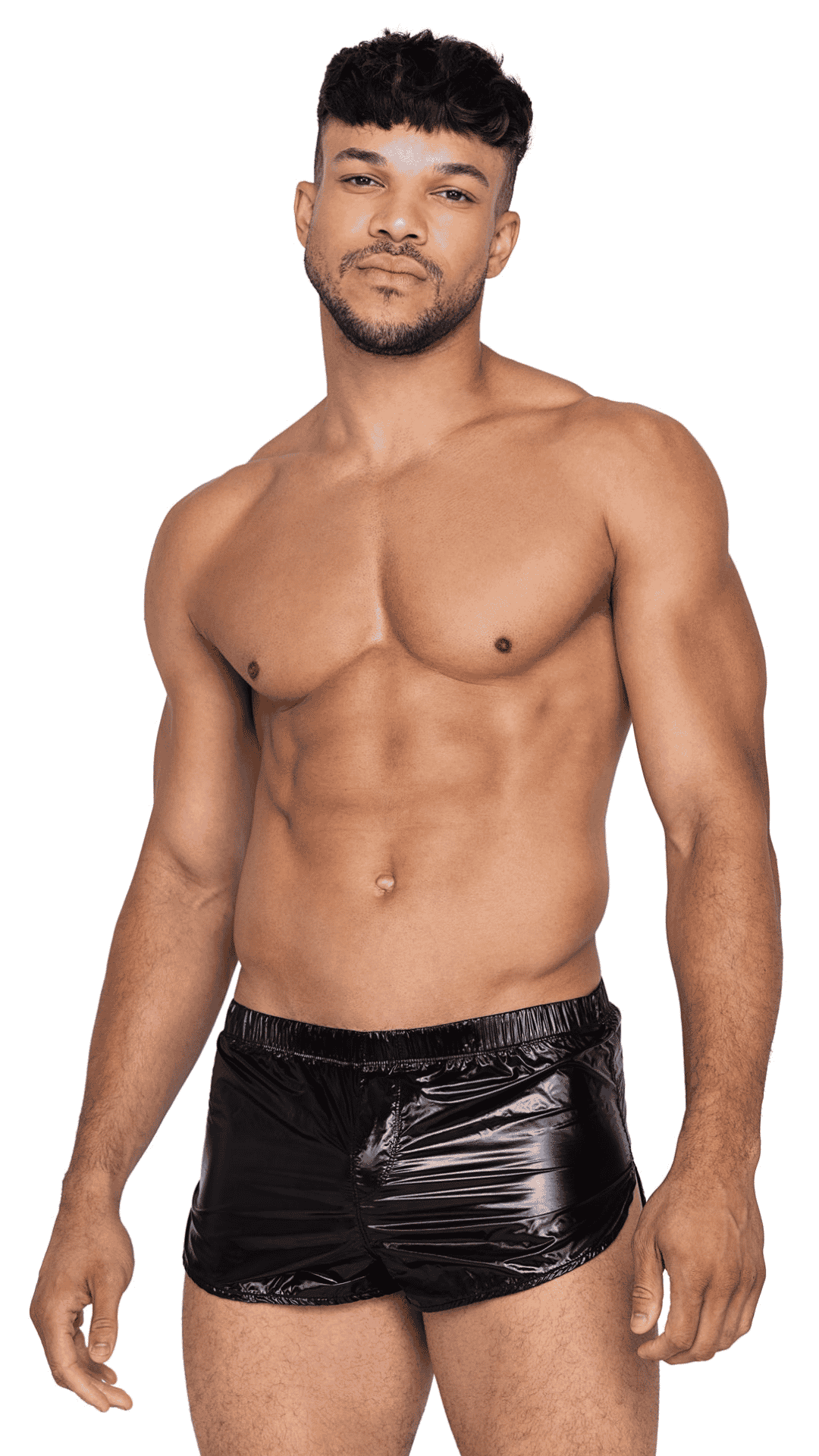 Midnight Micro Sport Short – lightweight shiny nylon men’s micro shorts with elastic waistband, front view