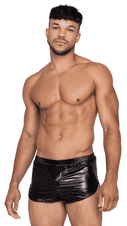 Midnight Micro Sport Short – lightweight shiny nylon men’s micro shorts with elastic waistband, front view