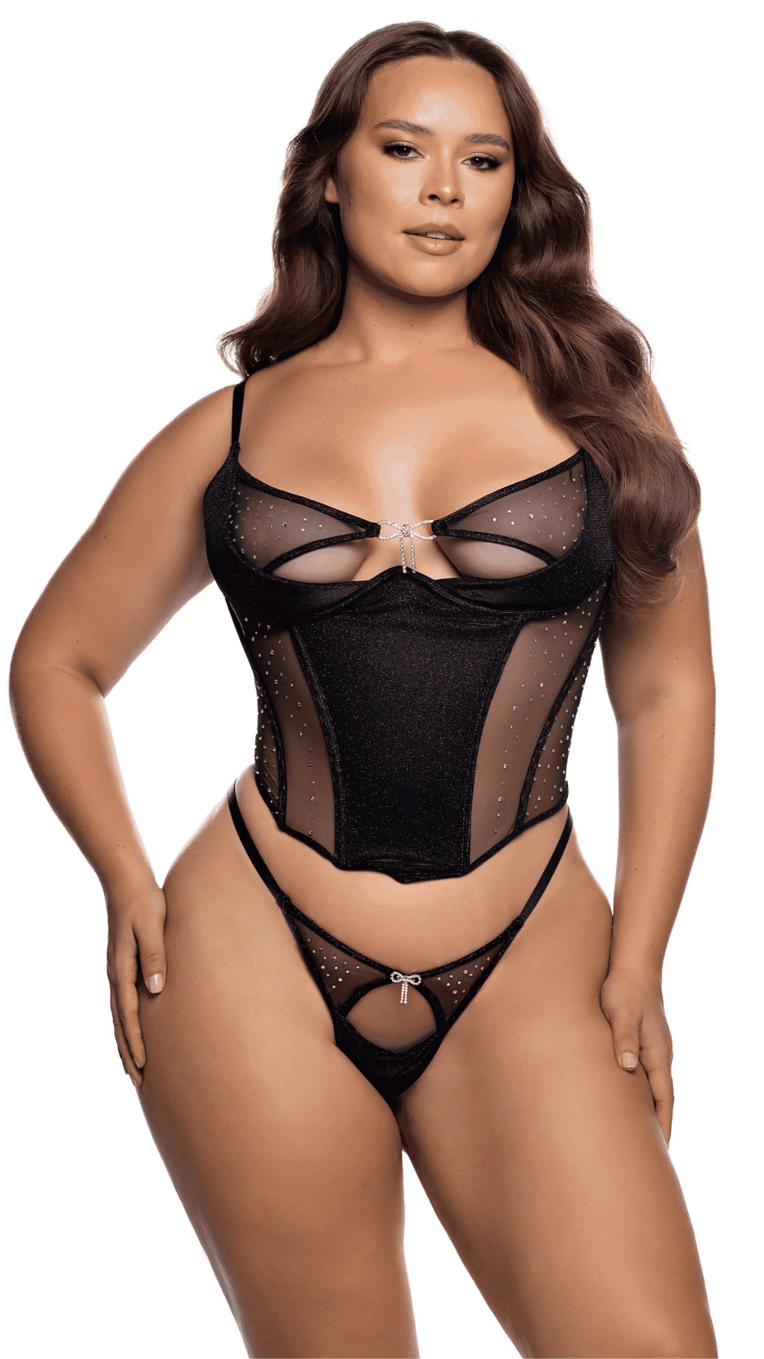 Midnight Shimmer Bustier Set – steel-boned shimmer bustier with rhinestone details, plus size front view