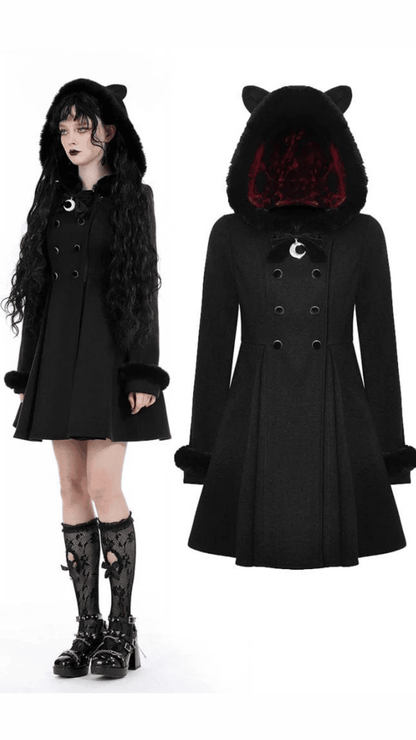 Naughty Kitten Clothing Nocturne Kitty Hooded Coat Front View Alternative Women's Gothic Wear