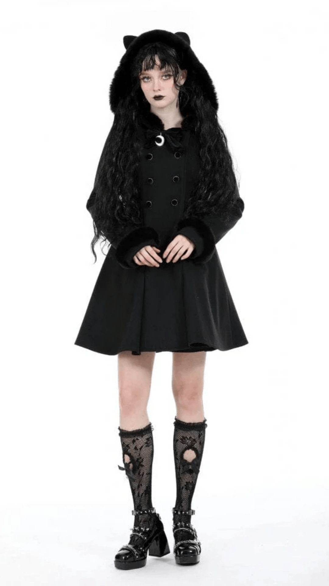 Naughty Kitten Clothing Nocturne Kitty Hooded Coat Front View Alternative Women's Gothic Wear