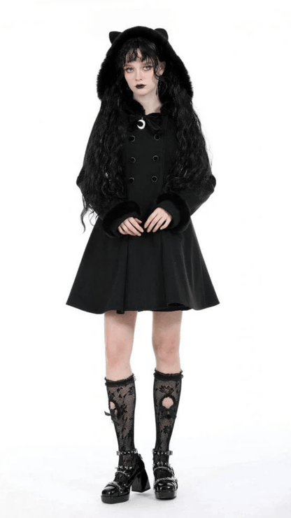 Naughty Kitten Clothing Nocturne Kitty Hooded Coat Front View Alternative Women's Gothic Wear