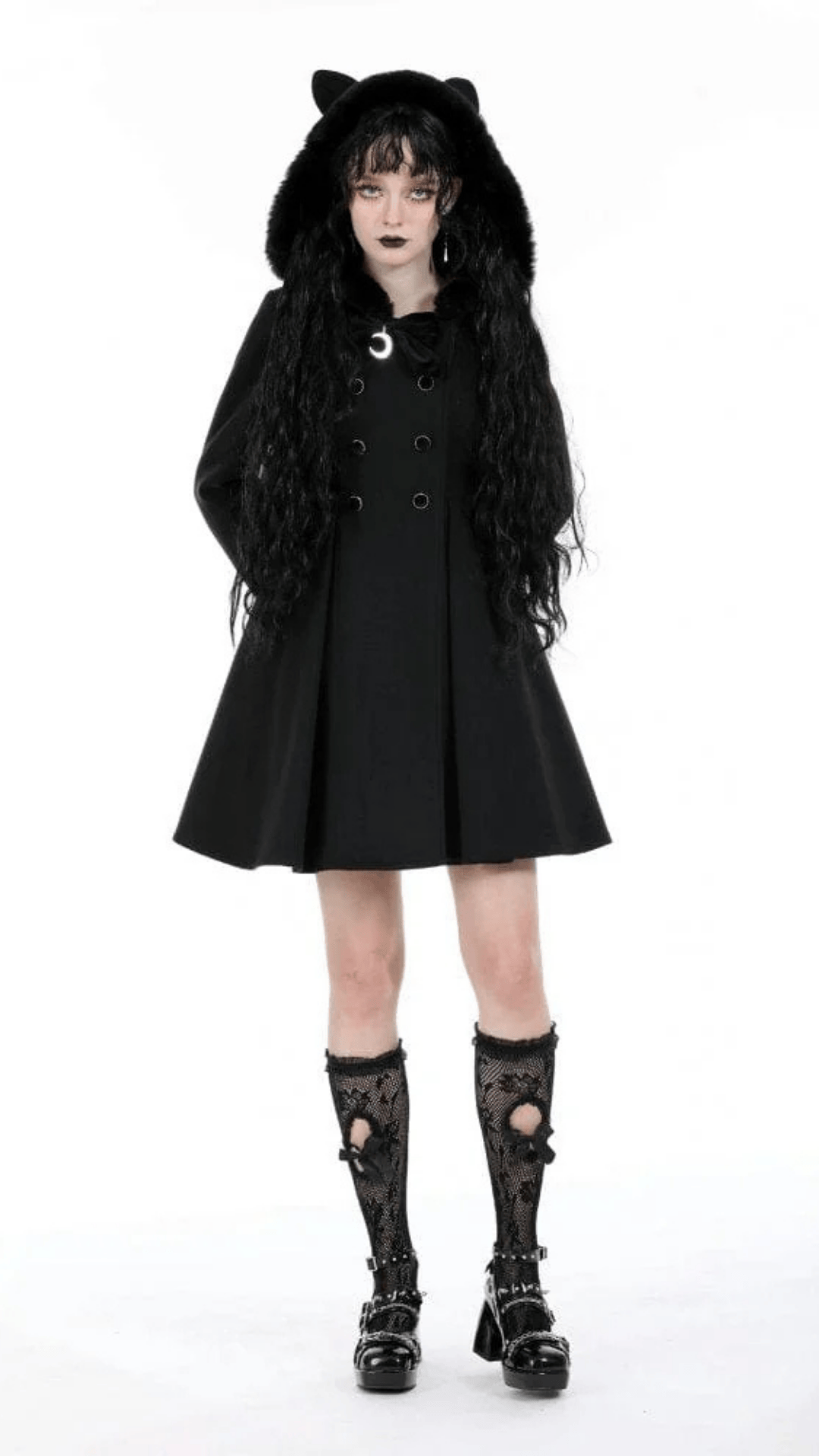 Naughty Kitten Clothing Nocturne Kitty Hooded Coat Front View Alternative Women's Gothic Wear