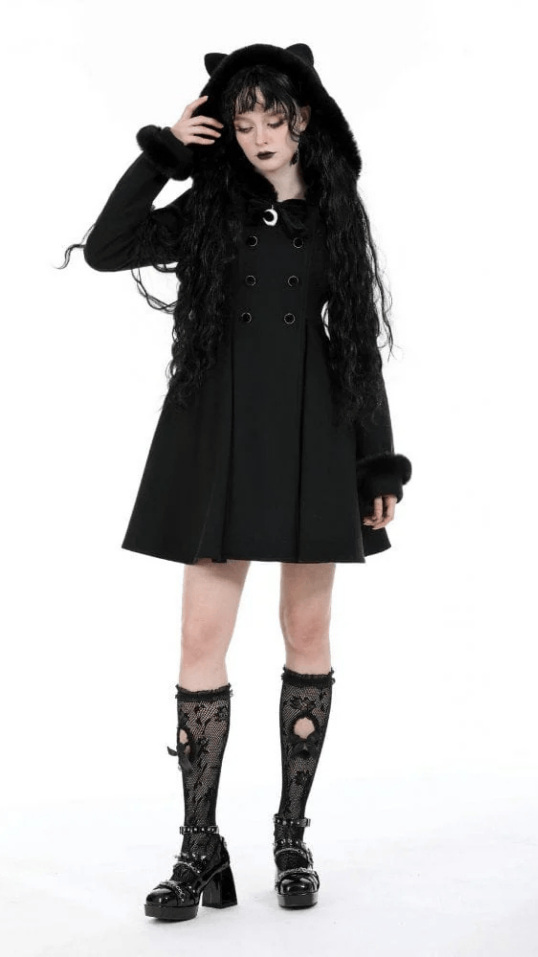 Naughty Kitten Clothing Nocturne Kitty Hooded Coat Front View Alternative Women's Gothic Wear