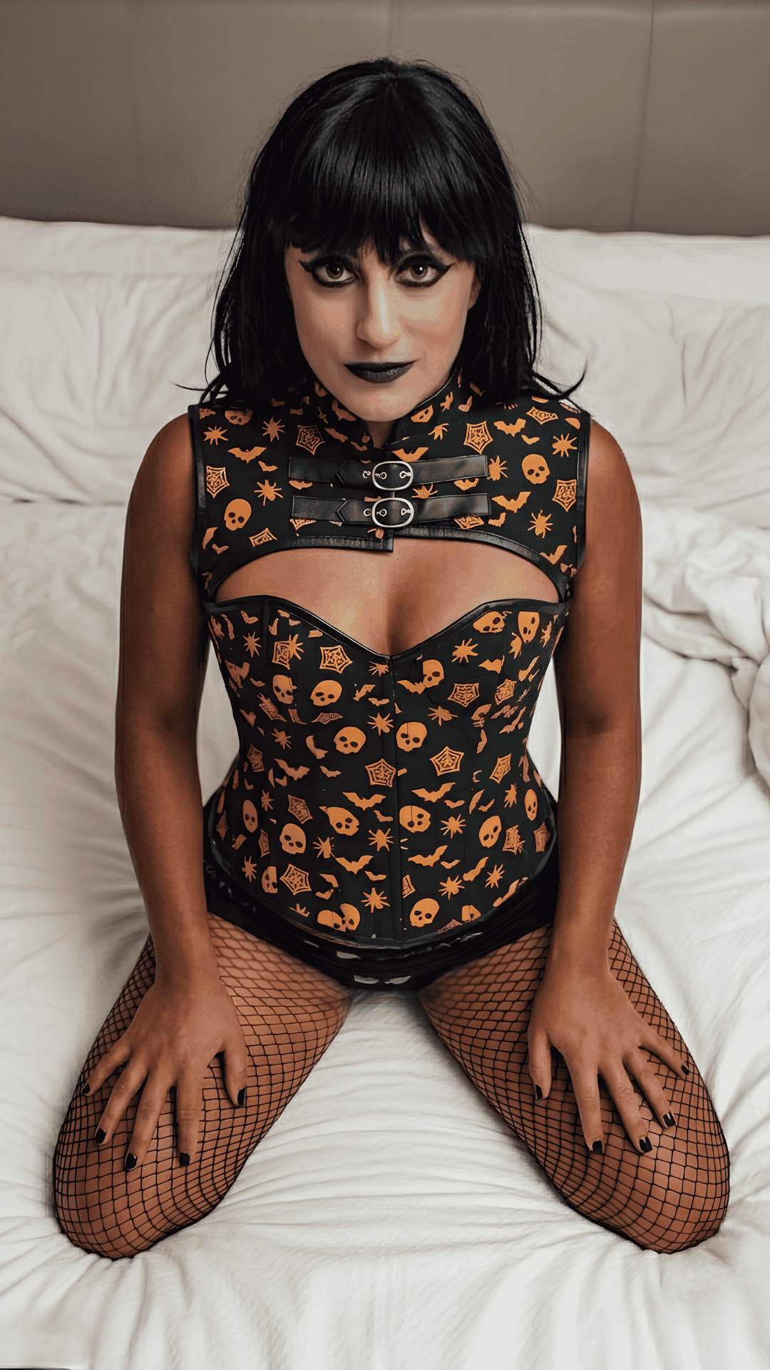 Naughty Kitten Nova Halloween Print Corset & Shoulder Piece Front View Kitten Charlie