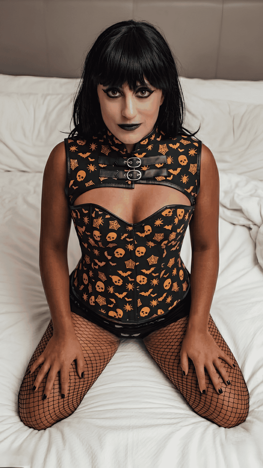Naughty Kitten Nova Halloween Print Corset & Shoulder Piece Front View Kitten Charlie