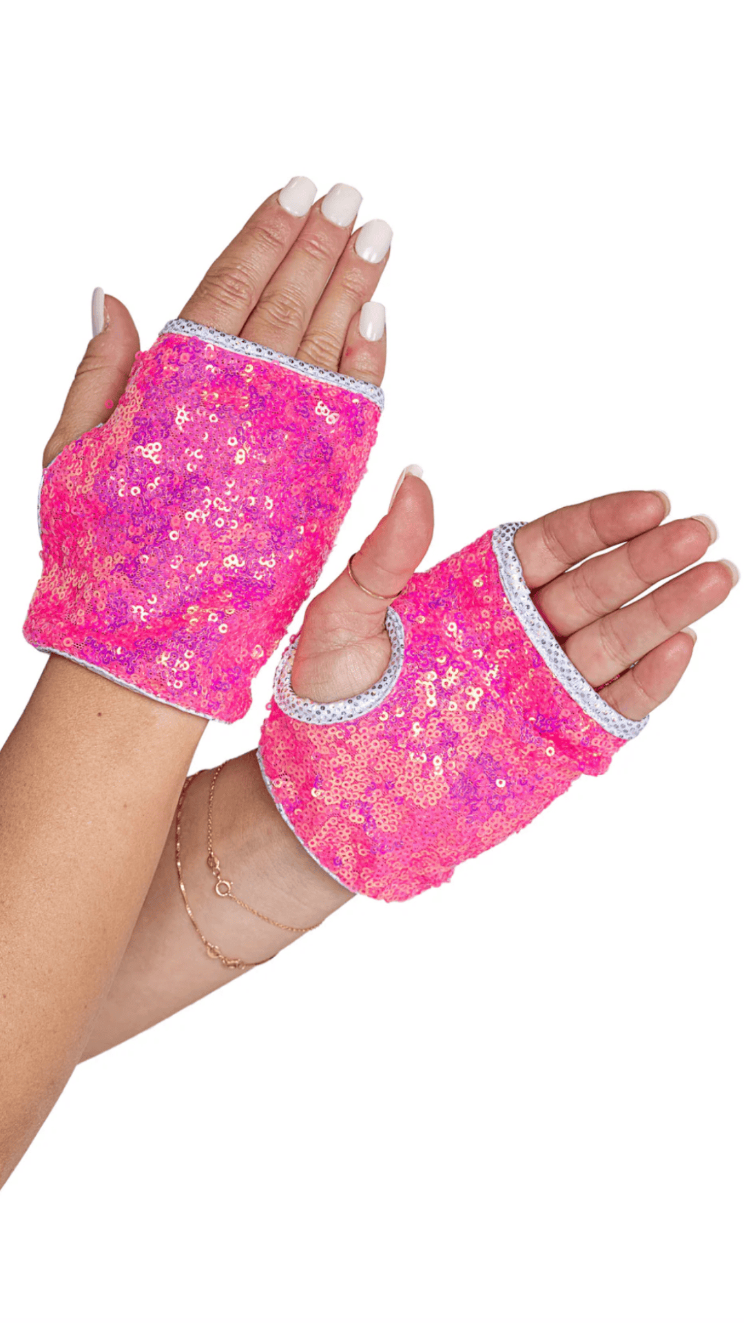 Naughty Kitten Clothing Open Finger Sequin Gloves Hot Pink Front View Costume Accessories