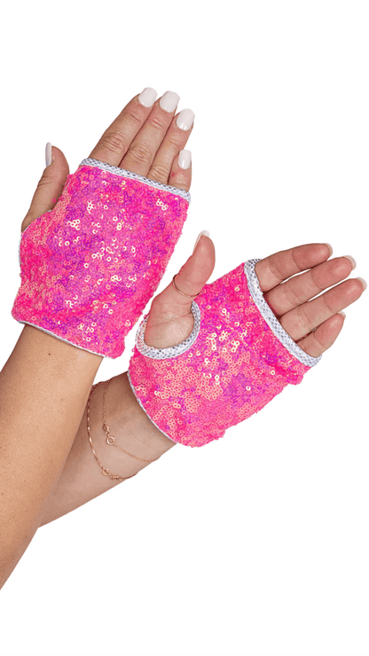 Naughty Kitten Clothing Open Finger Sequin Gloves Hot Pink Front View Costume Accessories