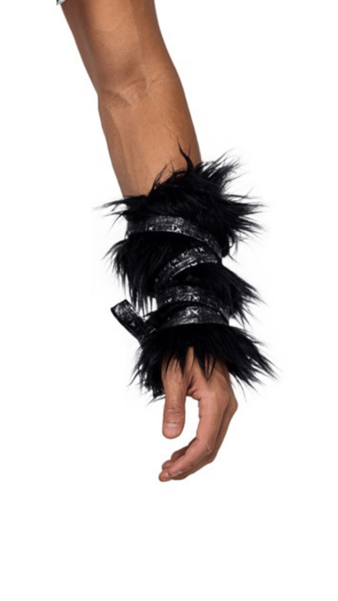 Naughty Kitten Clothing Pair of Black Faux Fur Cuffs Front View Black Halloween costume accessories