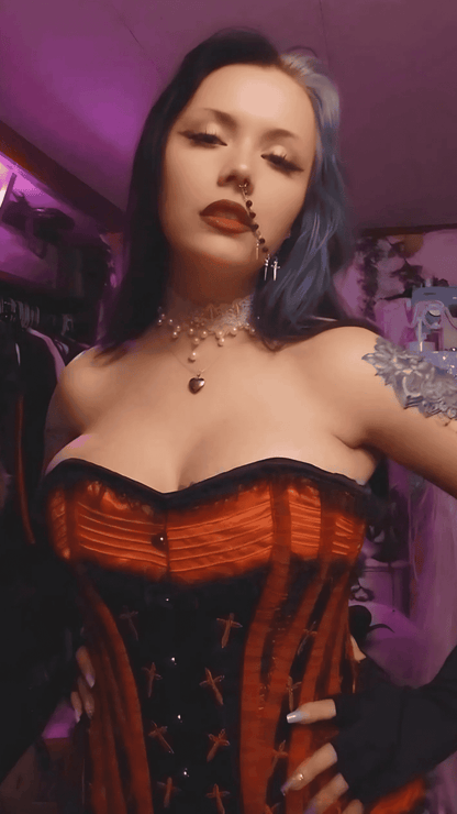 Naughty Kitten Persephone Crucifix Overbust Corset Front View Model Kitten Venus