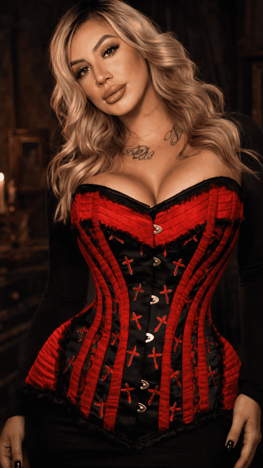 Naughty Kitten Persephone Crucifix Overbust Corset Front View Women's GothicCorset