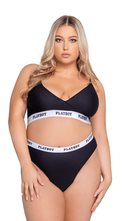 Naughty Kitten Clothing Playboy Lifestyle 2-Piece Set - Black Front View Black Playboy plus Size Lingerie