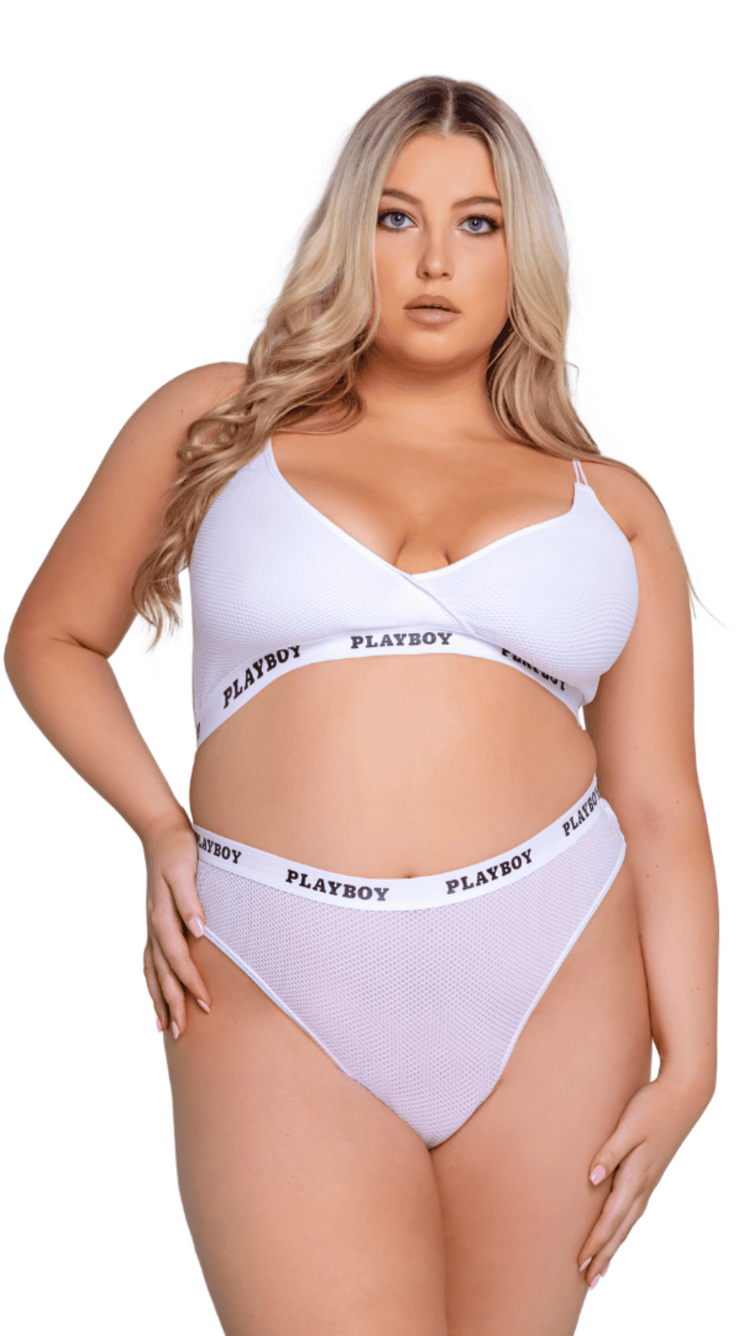 Naughty Kitten Clothing Playboy Lifestyle 2-Piece Set - White Front View Playboy Plus Size Lingerie