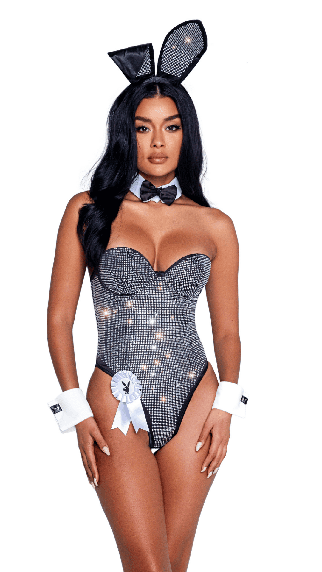 Naughty Kitten Clothing Playboy Rhinestone Bunny Costume Black/Silver Front View Playboy Costume