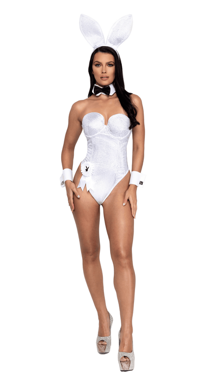 Naughty Kitten Clothing Playboy Rhinestone Bunny Costume White/Silver Front View Playboy Costume