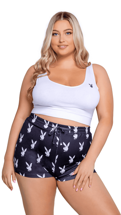 Naughty Kitten Clothing Playboy Slumber Bunny 2-Piece Set - Black/White Front View Playboy Lingerie Sleepwear Plus Size