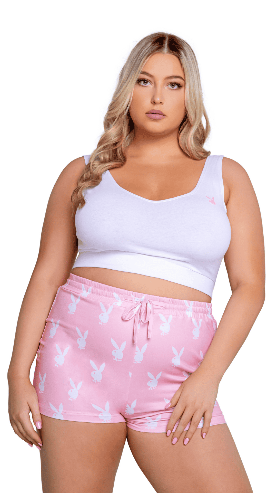 Naughty Kitten Clothing Playboy Slumber Bunny 2-Piece Set Pink/White Front View Playboy Lingerie Sleepwear Plus Size