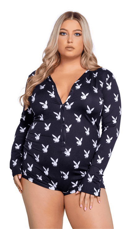 Naughty Kitten Clothing Playboy Slumber Bunny Romper - Black/White Front View Playboy Lingerie Sleepwear Plus Size