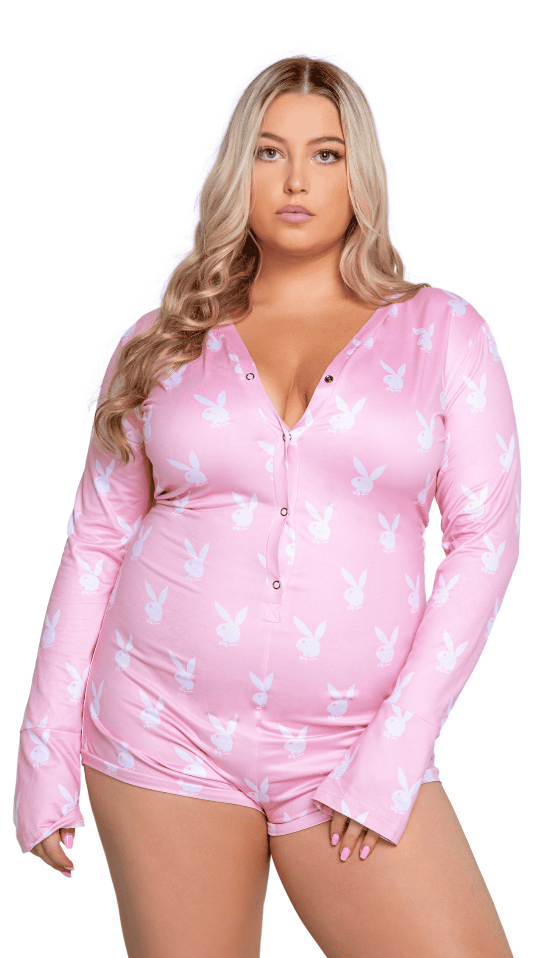 Naughty Kitten Clothing Playboy Slumber Bunny Romper - Pink/White Front View Playboy Lingerie Sleepwear Plus Size