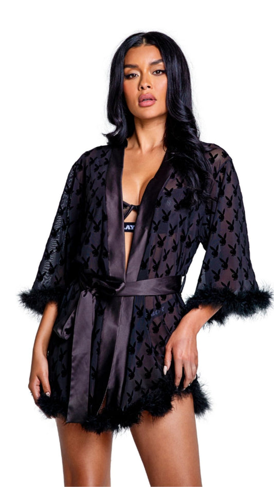 Naughty Kitten Clothing Playboy Bunny Noir Robe Front View Playboy Lingerie