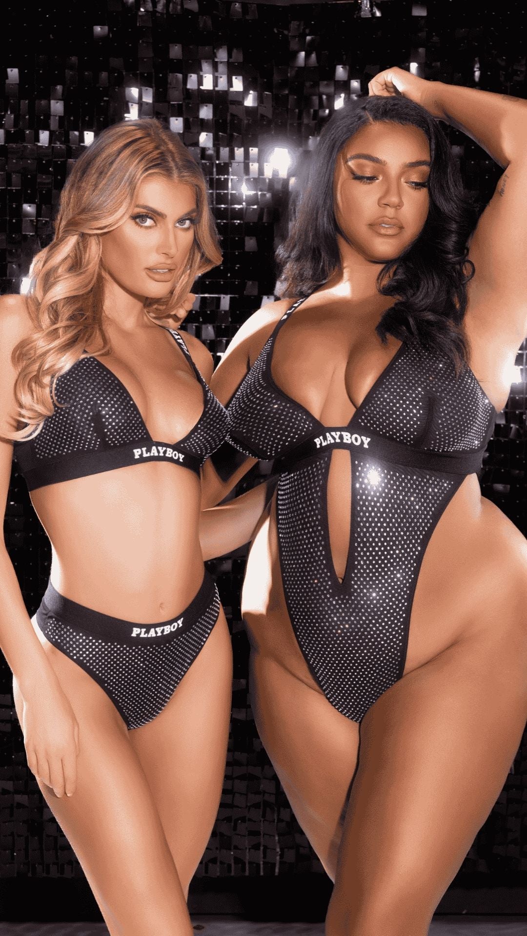 Naughty Kitten Clothing Playboy Disco Fever Teddy Front View Playboy Lingerie Plus Size Two Models