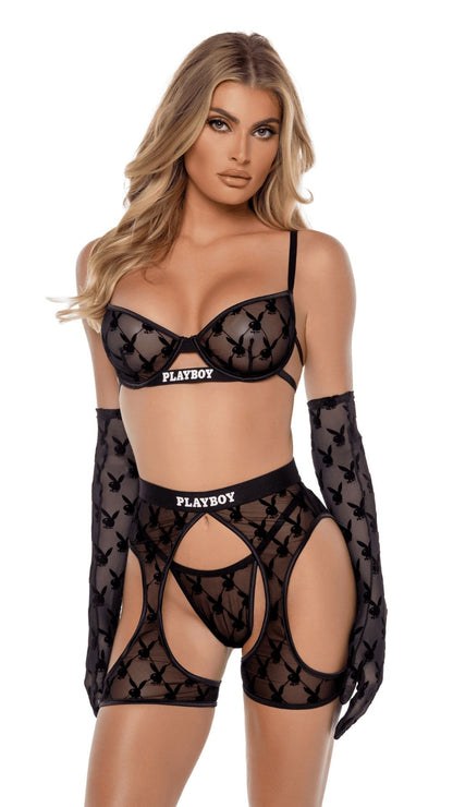 Naughty Kitten Clothing Playboy Flocked Bunny Chaps Black Front View Playboy Lingerie