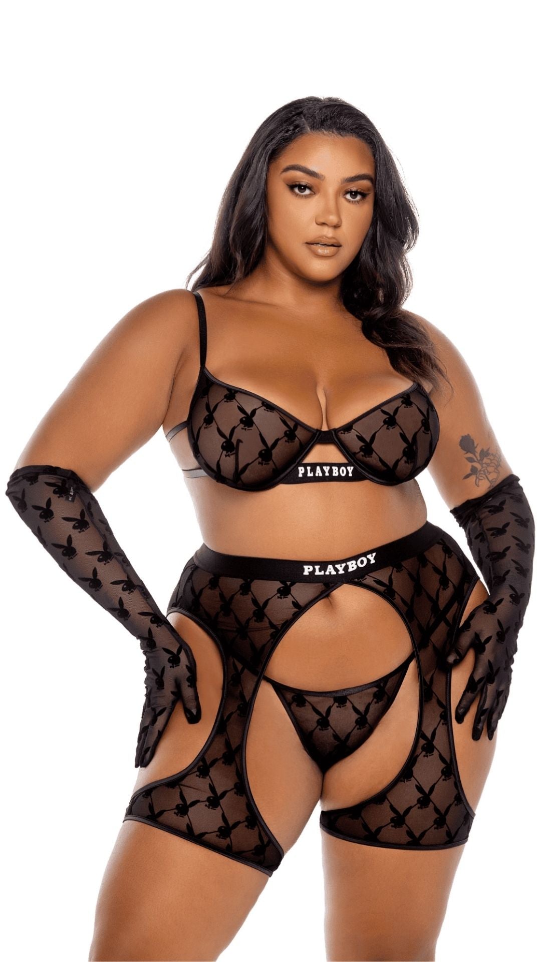 Naughty Kitten Clothing Playboy Flocked Bunny Chaps Black Front View Playboy Plus Size Lingerie