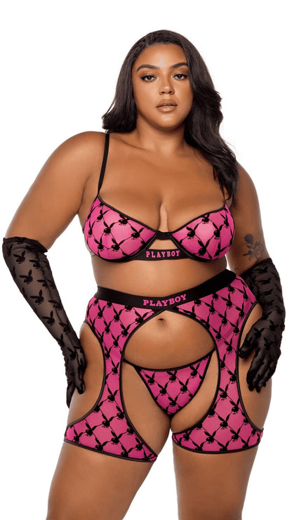 Naughty Kitten Clothing Playboy Flocked Bunny Chaps Pink Front View Playboy Plus Size Lingerie