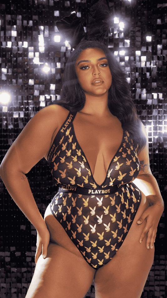 Naughty Kitten Clothing Playboy Foiled Bunny Teddy Front View plus Size Playboy Lingerie