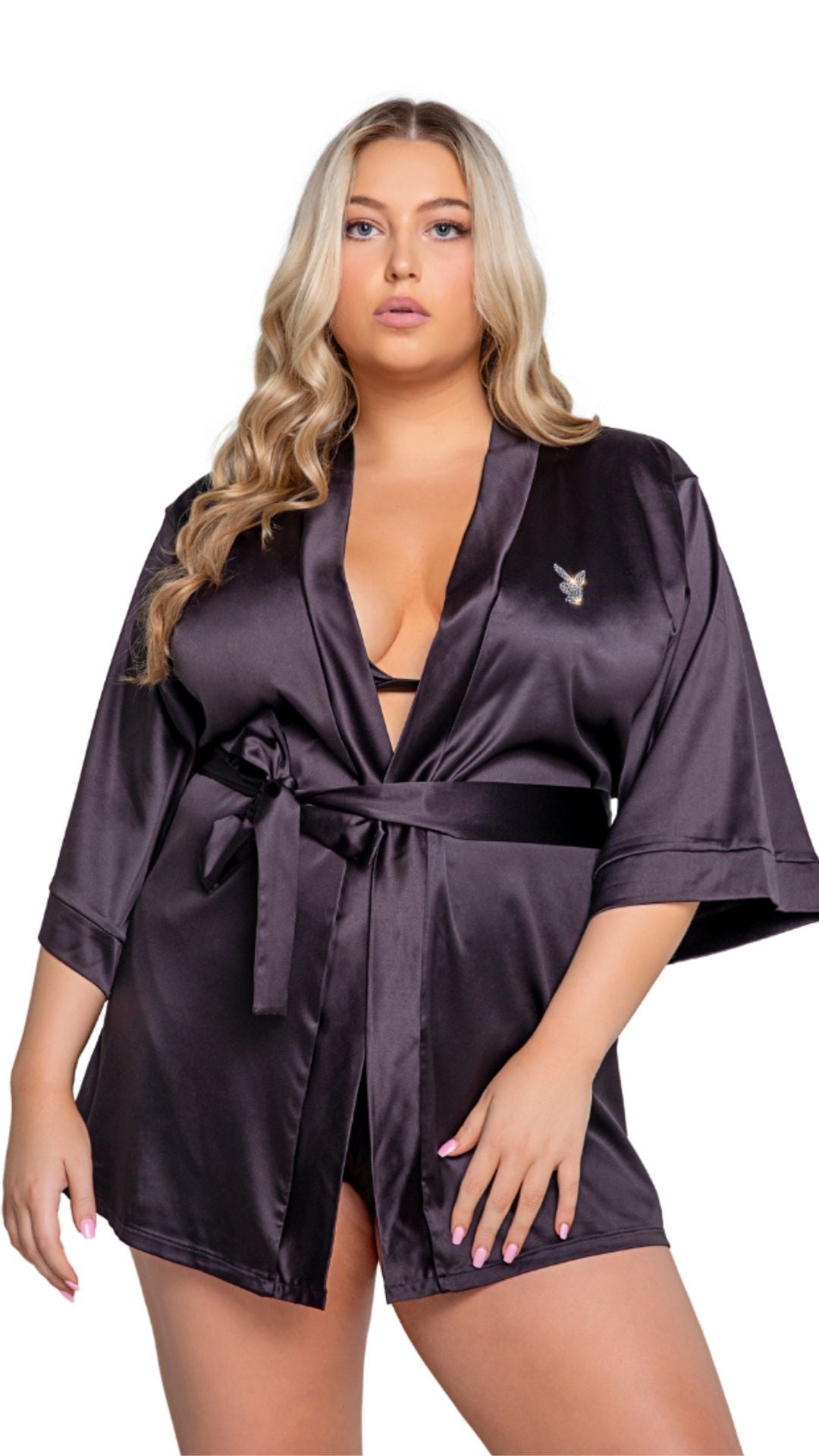Naughty Kitten Clothing Playboy Sparkling Bunny Robe Front View Playboy Plus Size Lingerie
