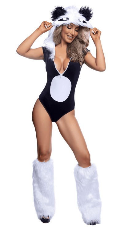 Pretty Panda Costume – black and white panda bodysuit, front view, adult women’s Halloween costume