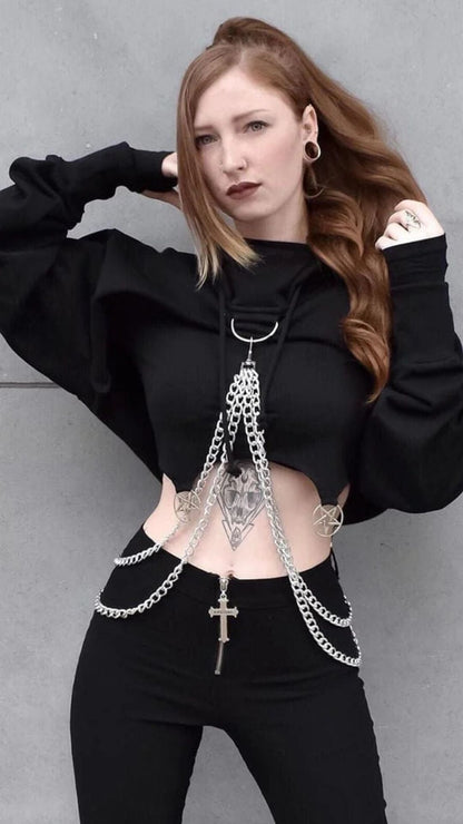 Naughty Kitten Clothing Punk Suspender Black Cropped Hoodies Front View Model Alternative Gothic 
Women's Fashion