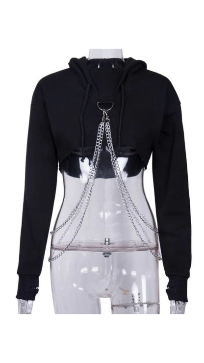 Naughty Kitten Clothing Punk Suspender Black Cropped Hoodies Front View Model Alternative Gothic 
Women's Fashion